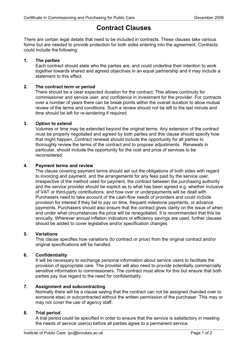 Certificate in Commissioning and Purchasing for Public Caredecember 2006