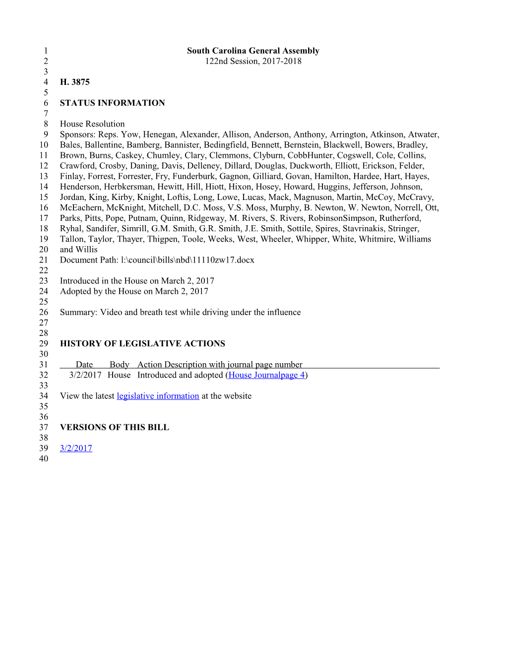 2017-2018 Bill 3875: Video and Breath Test While Driving Under the Influence - South Carolina