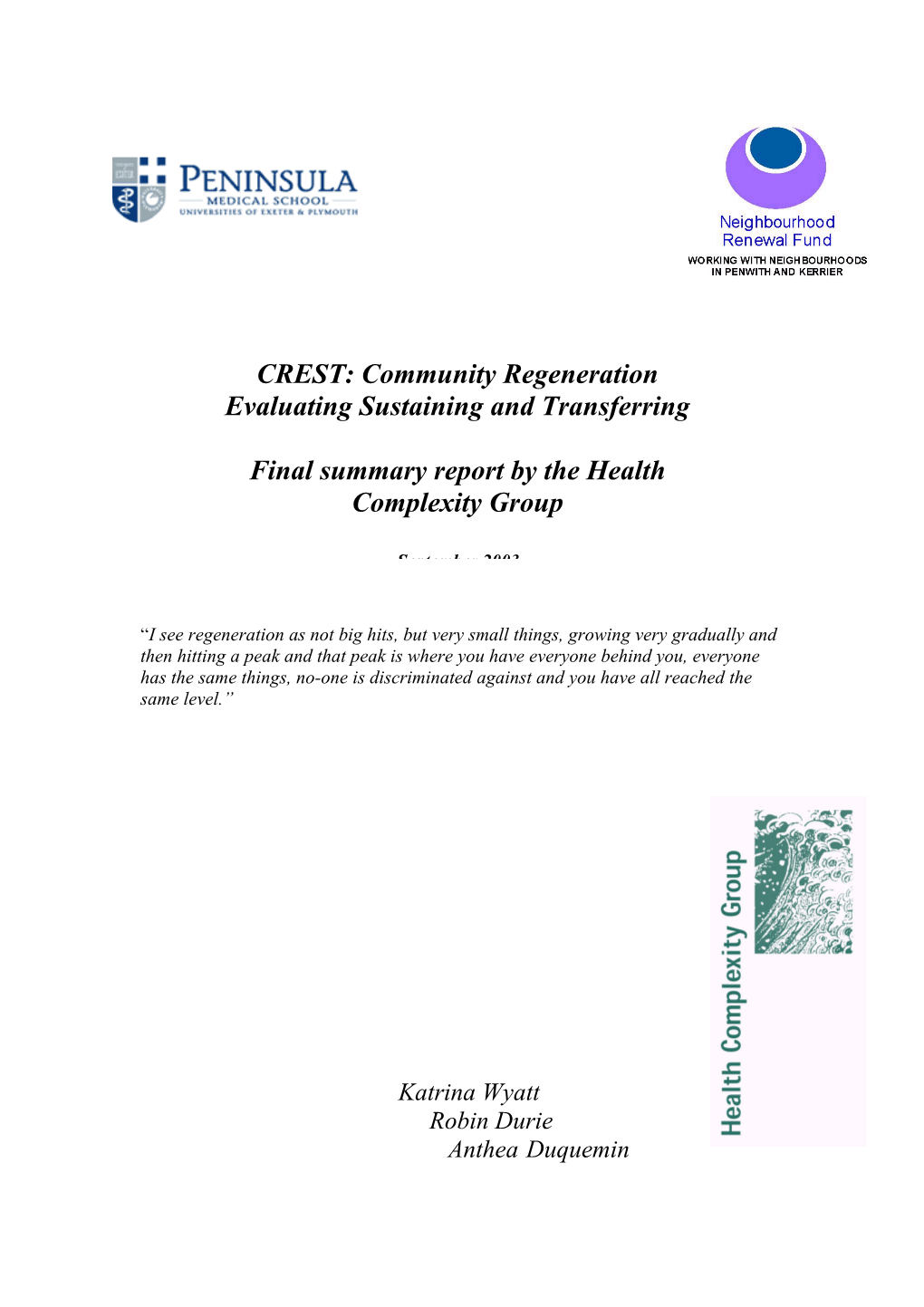 Final Summary Report by the Health Complexity Group