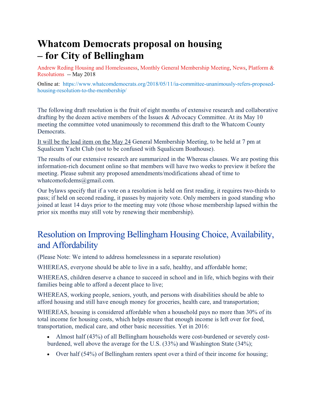 Whatcom Democrats Proposal on Housing for City of Bellingham