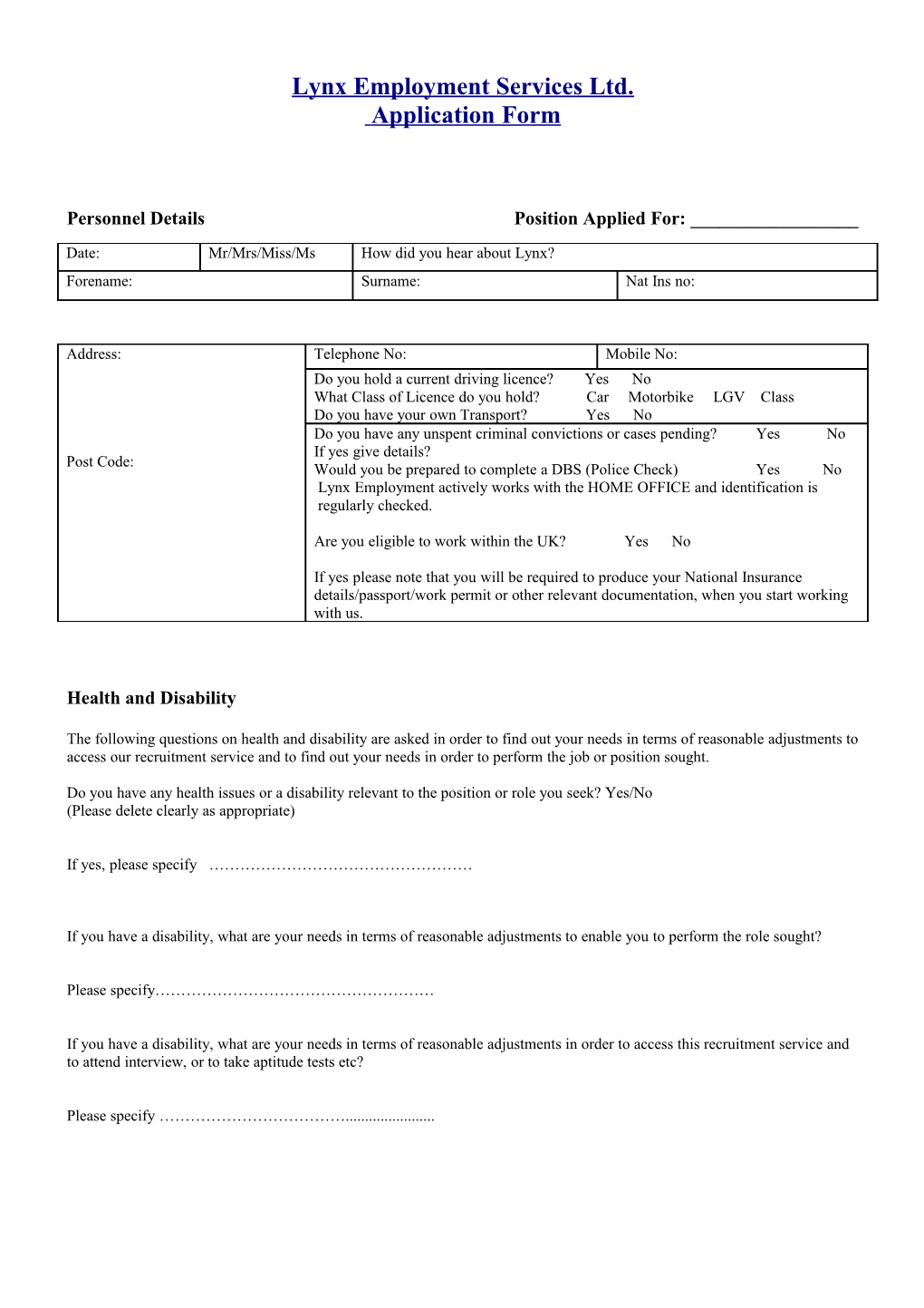 Lynx Employment Services Application Form