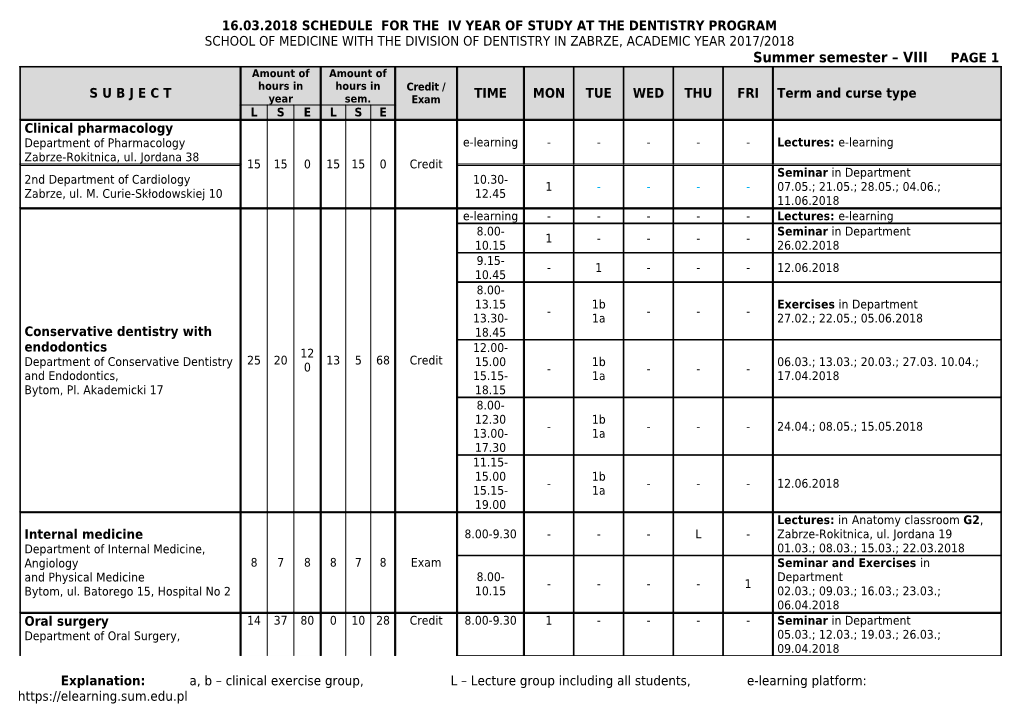 16.03.2018Schedule for the Iv Year of Study at the Dentistry Program