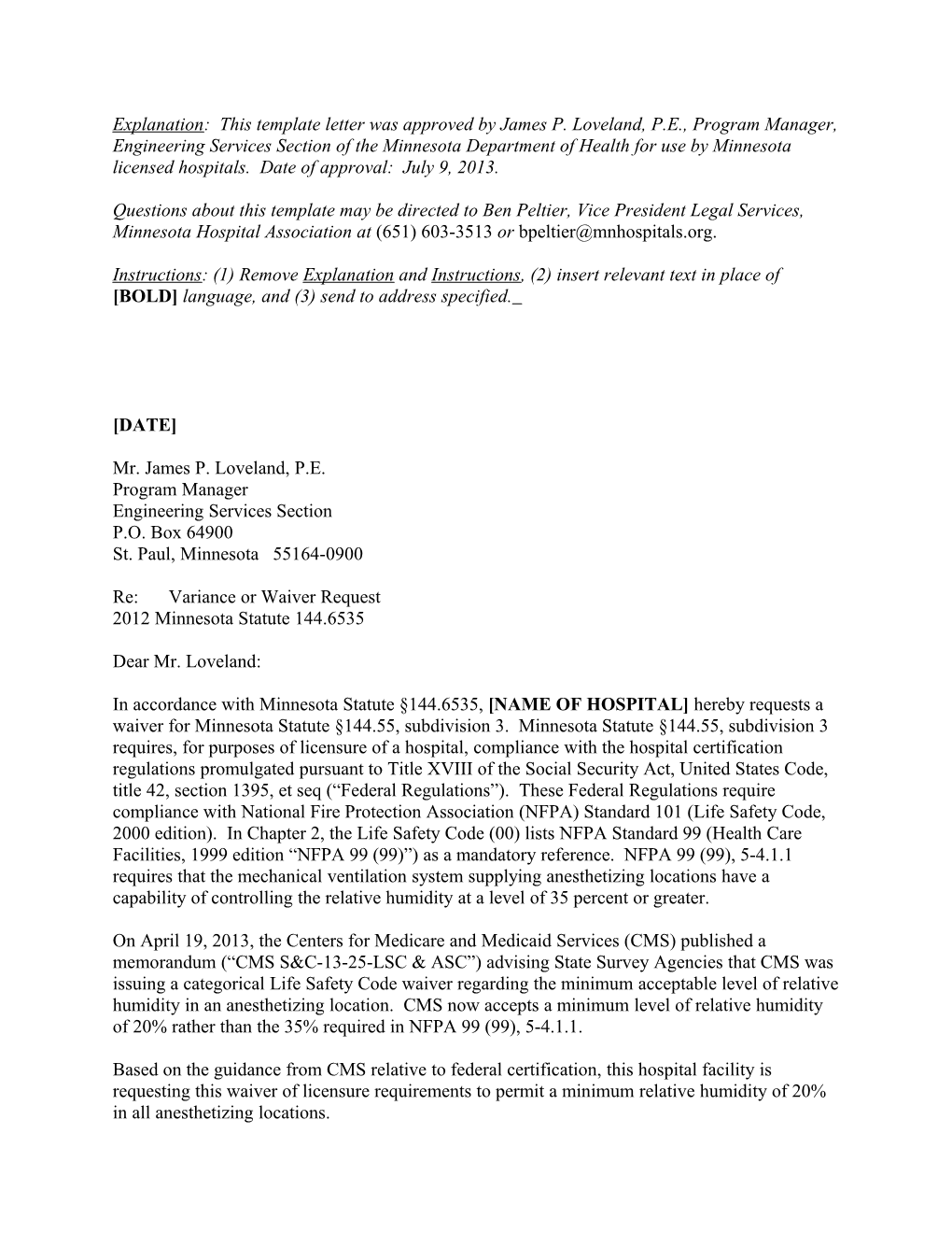 Explanation: This Template Letter Was Approved by James P. Loveland, P.E., Program Manager