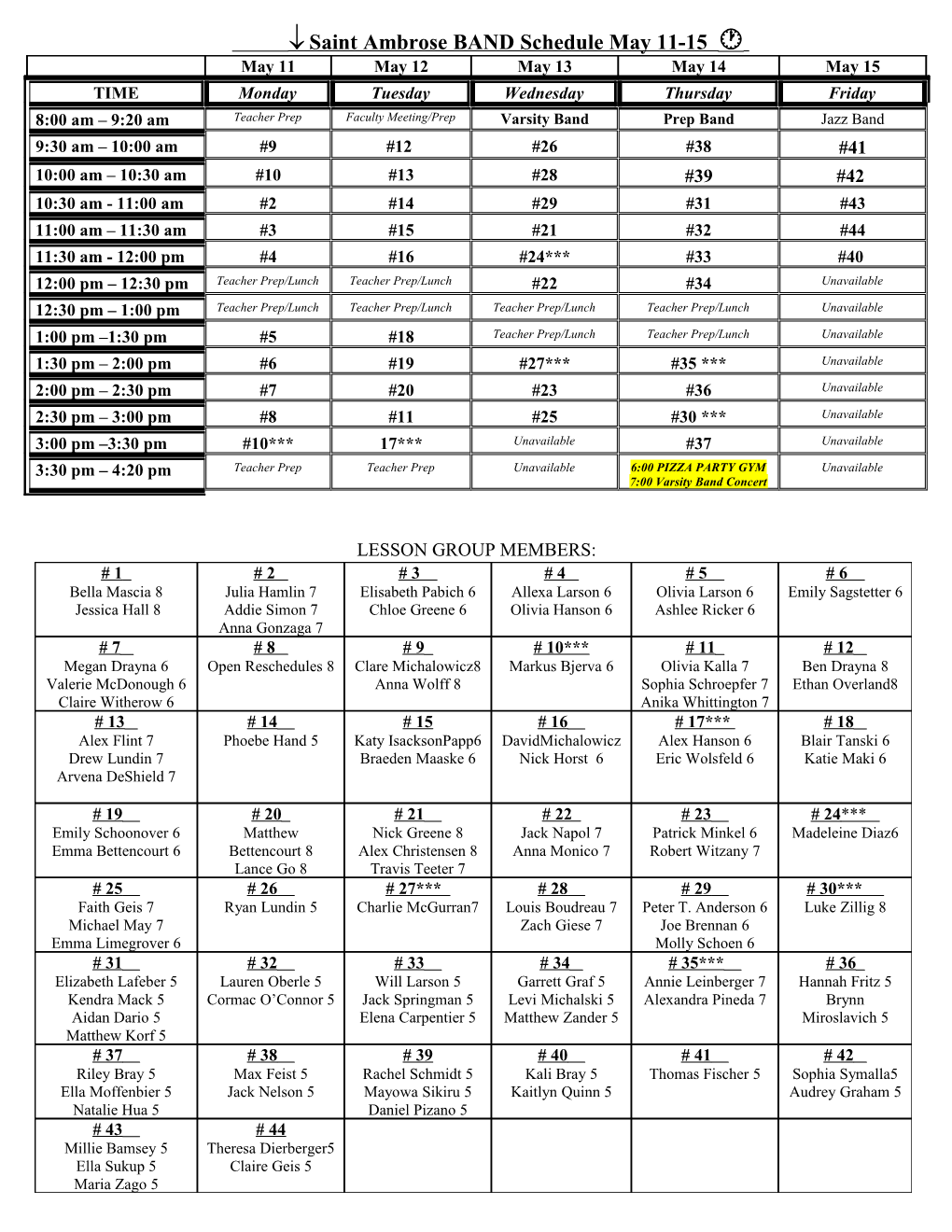 Saint Ambrose BAND Schedule September 10-14