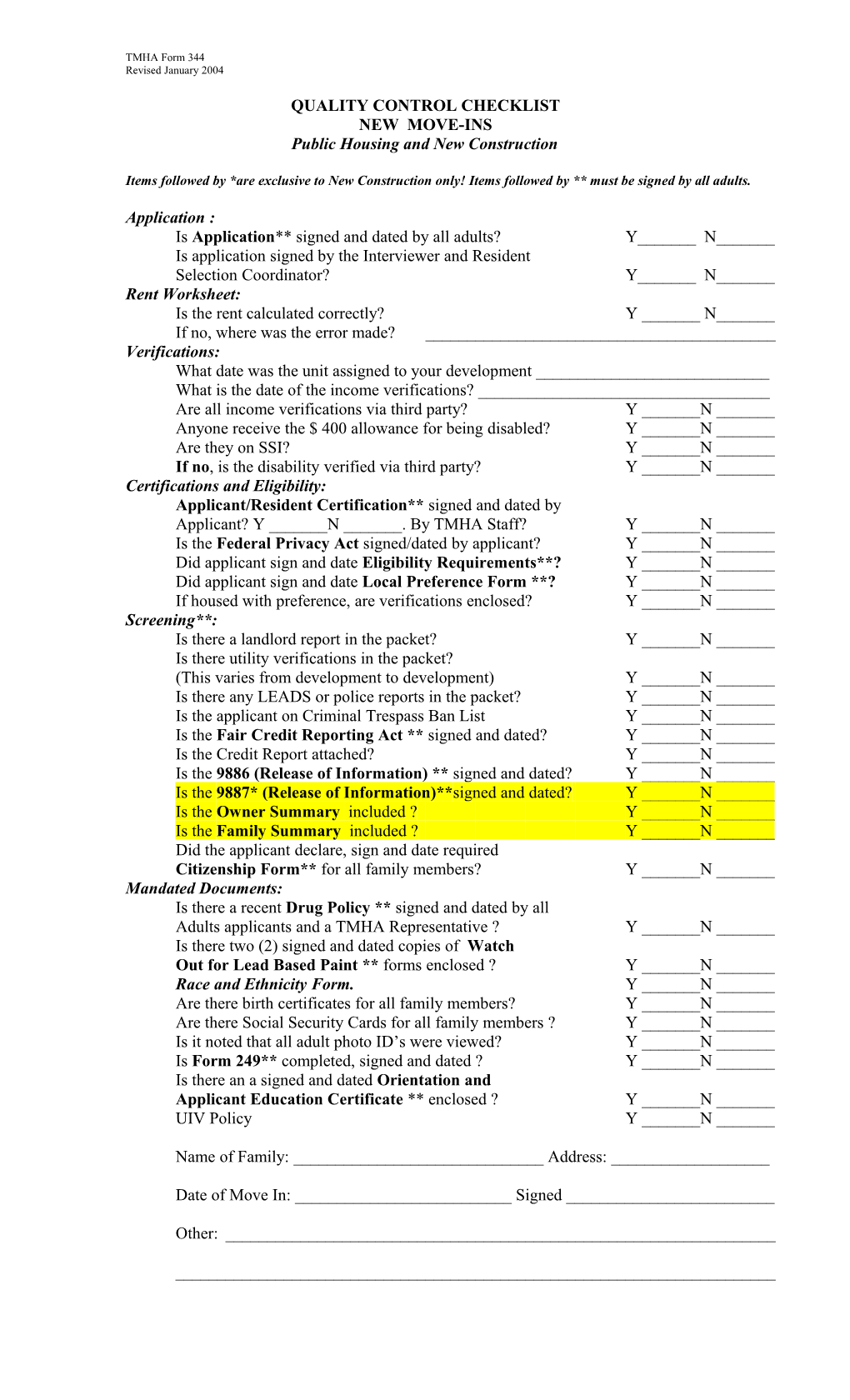 Quality Control Checklist