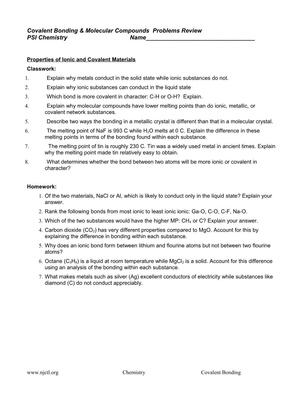 Covalent Bonding & Molecular Compounds Problems Review