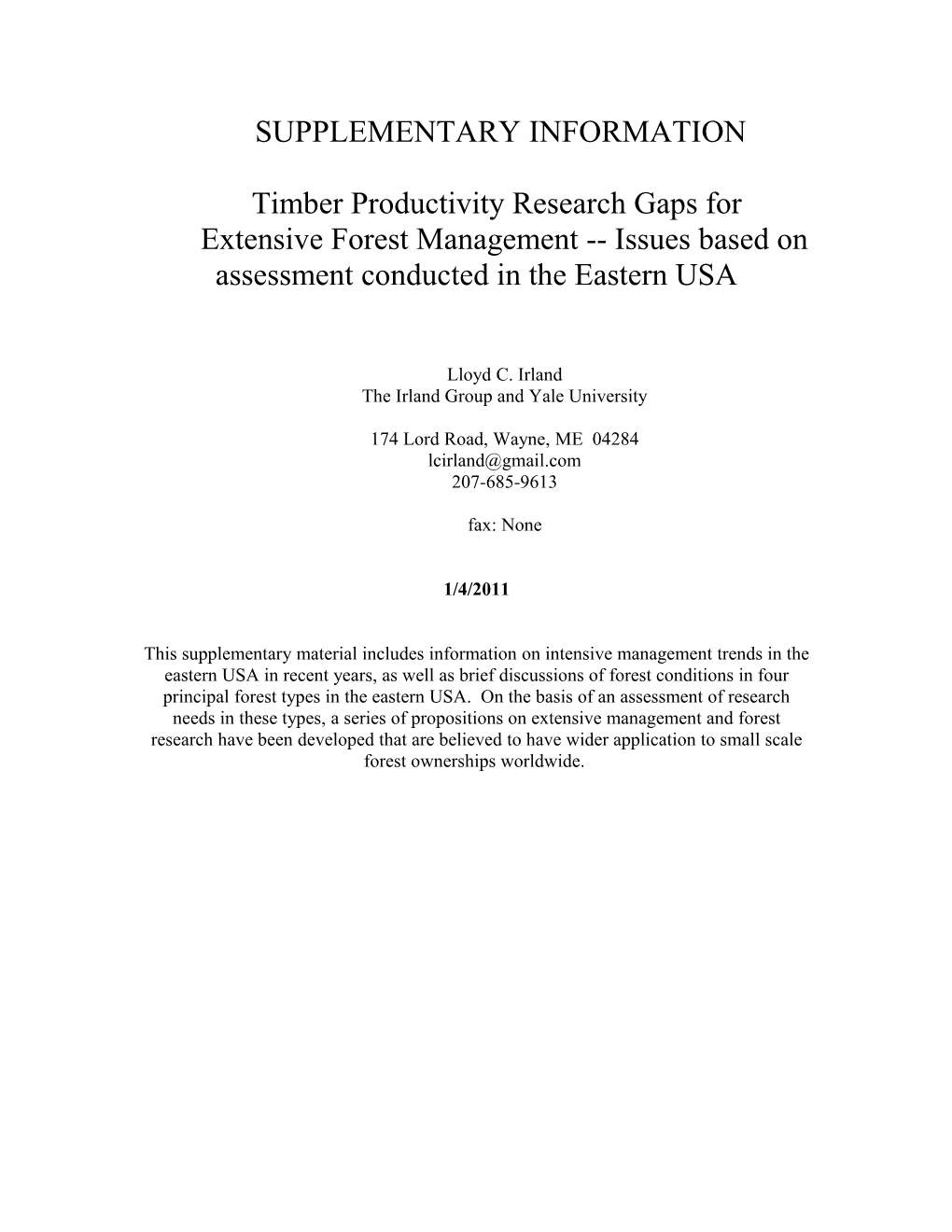 Timber Productivity Research Gaps For