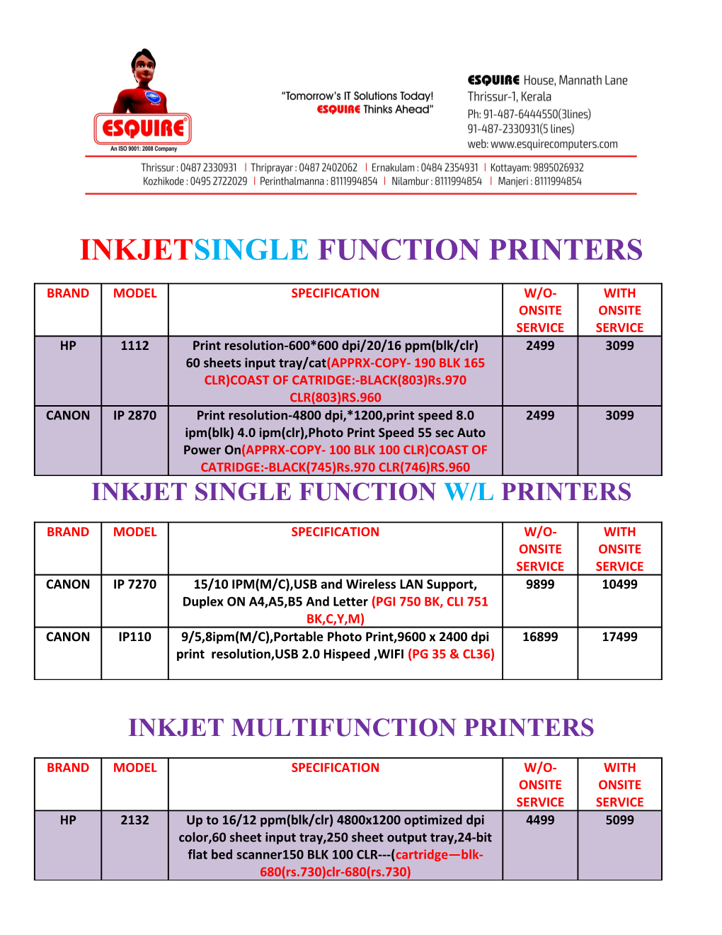 Inkjet Single Function W/L Printers