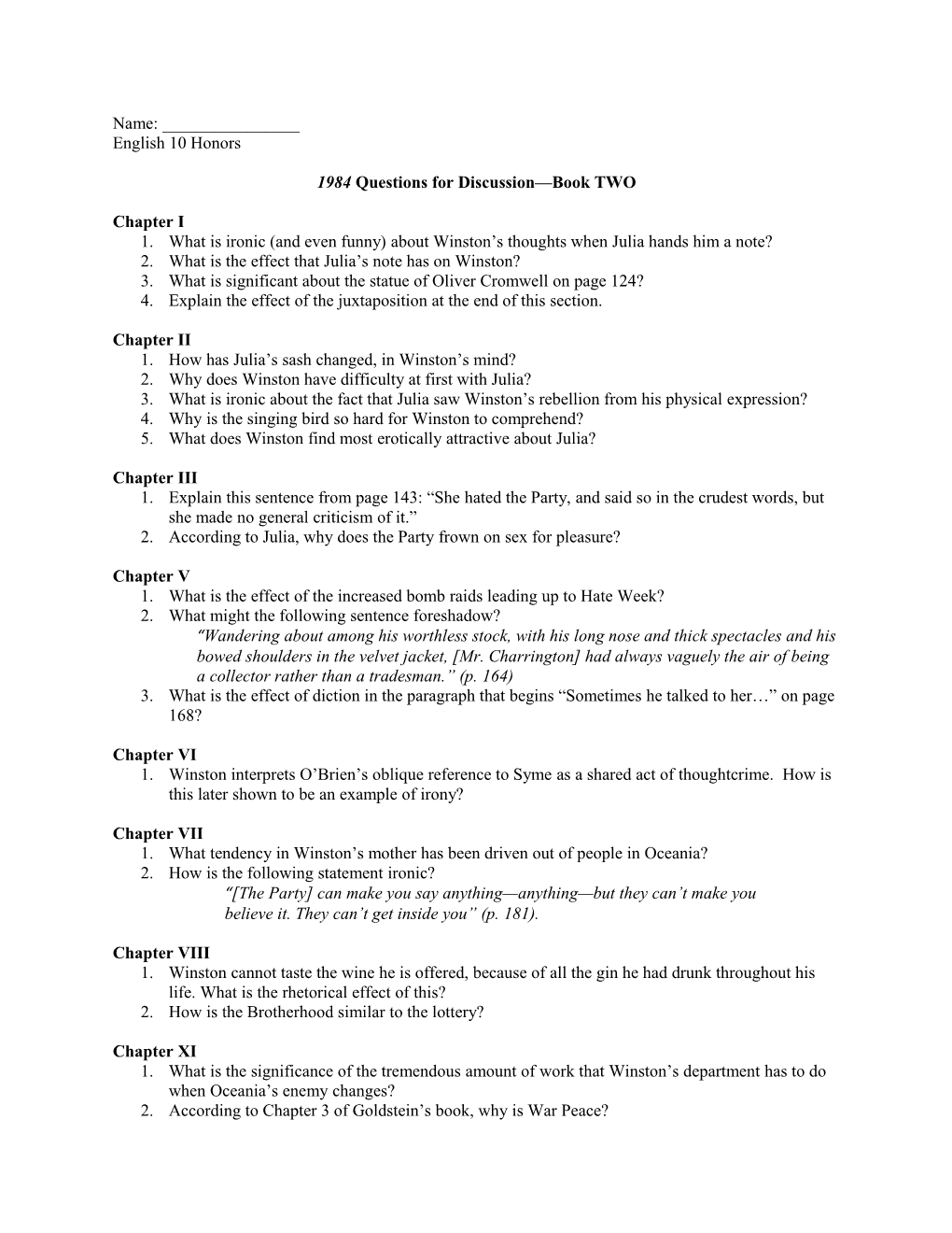 1984 Questions for Discussion Book TWO