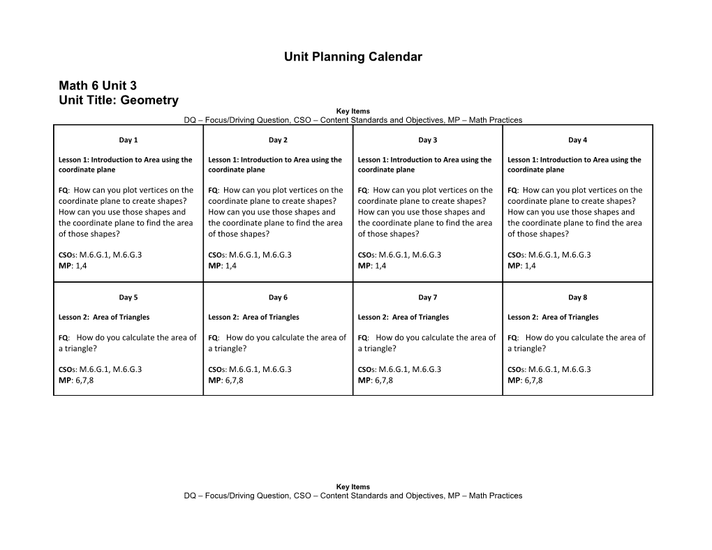 Unit Planning Calendar
