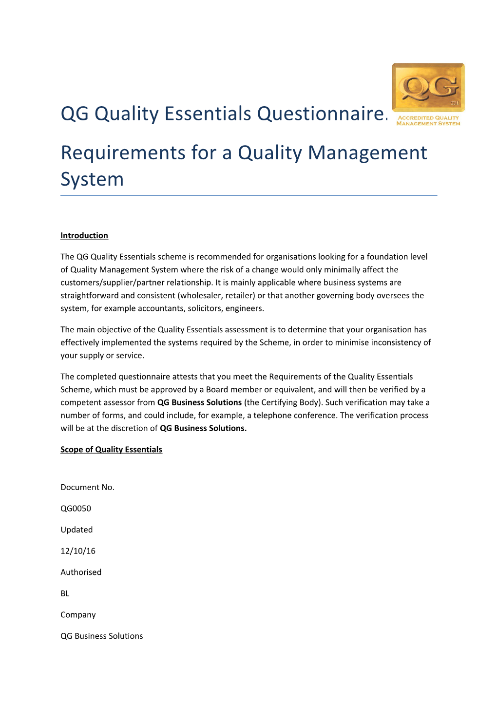 Requirements for a Quality Management System