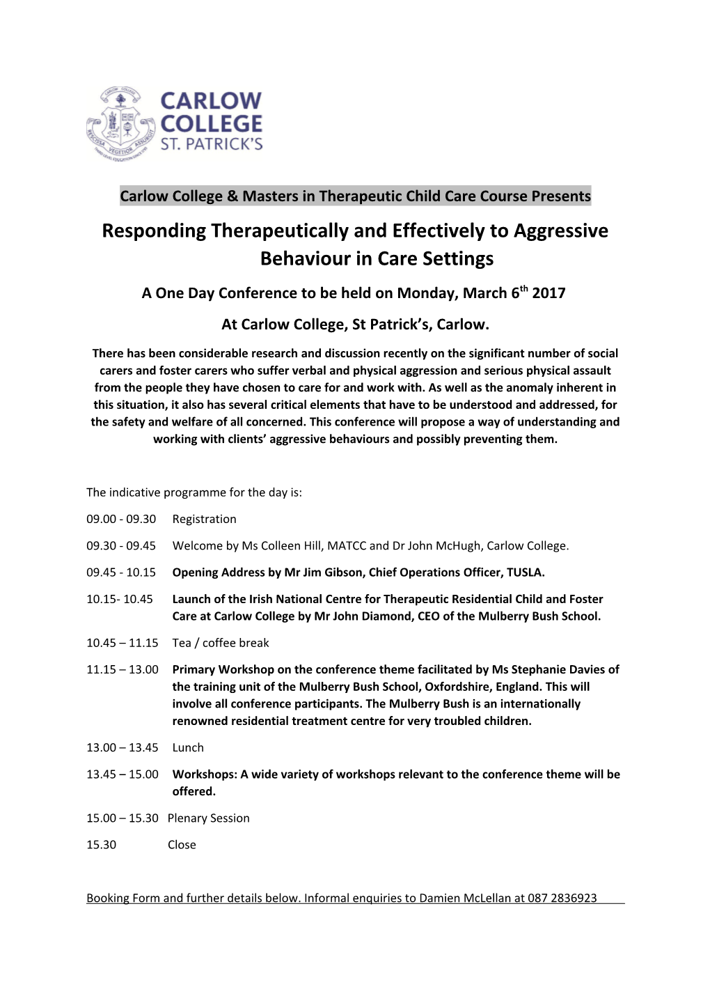 Carlow College & Masters in Therapeutic Child Care Course Presents