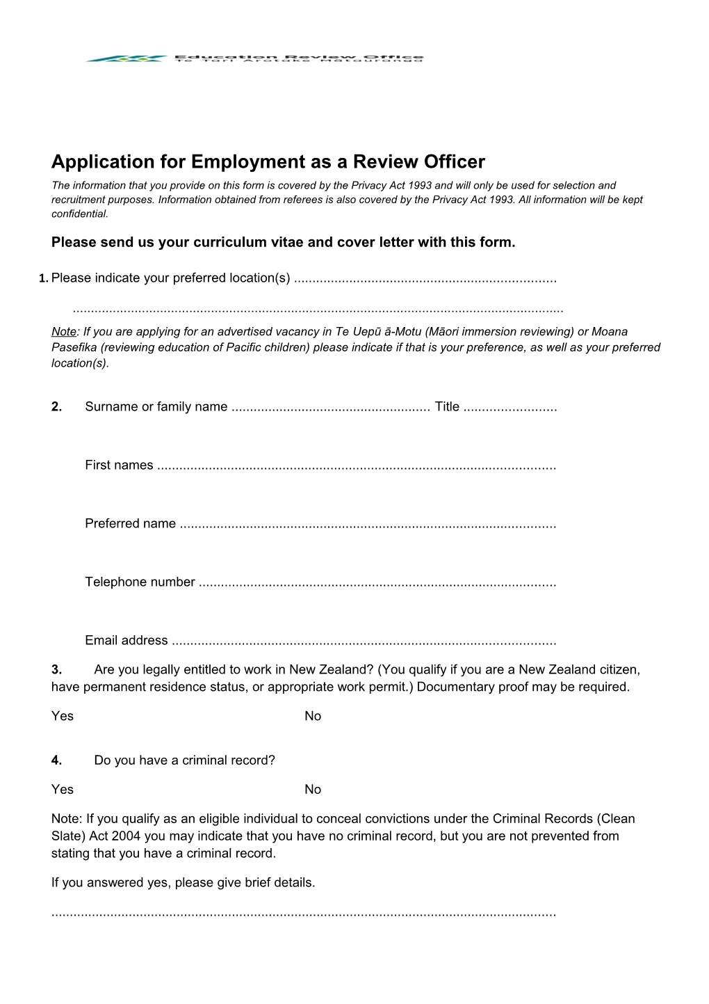 Application for Employment As a Review Officer