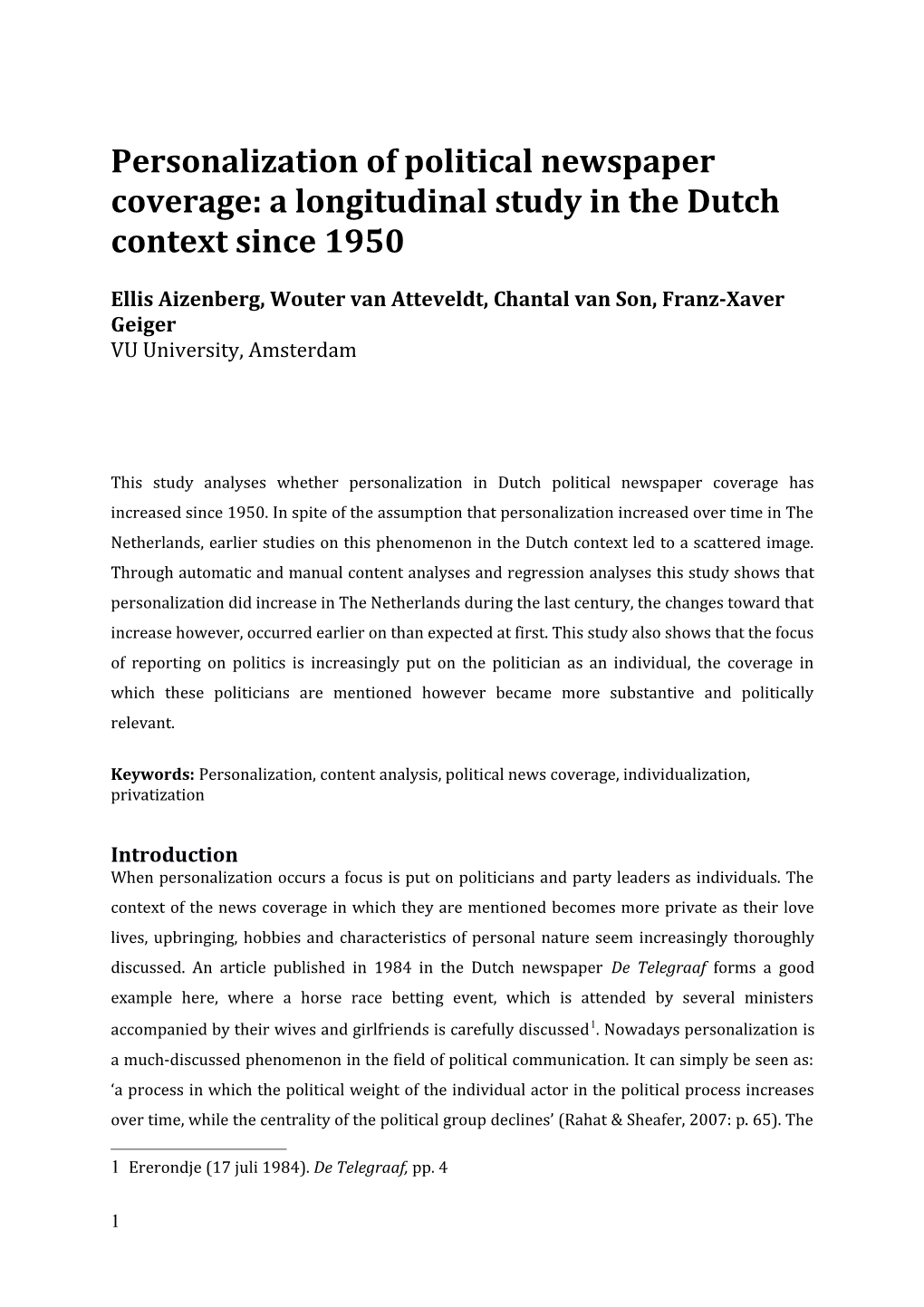 Personalization of Political Newspaper Coverage: a Longitudinal Study in the Dutch Context