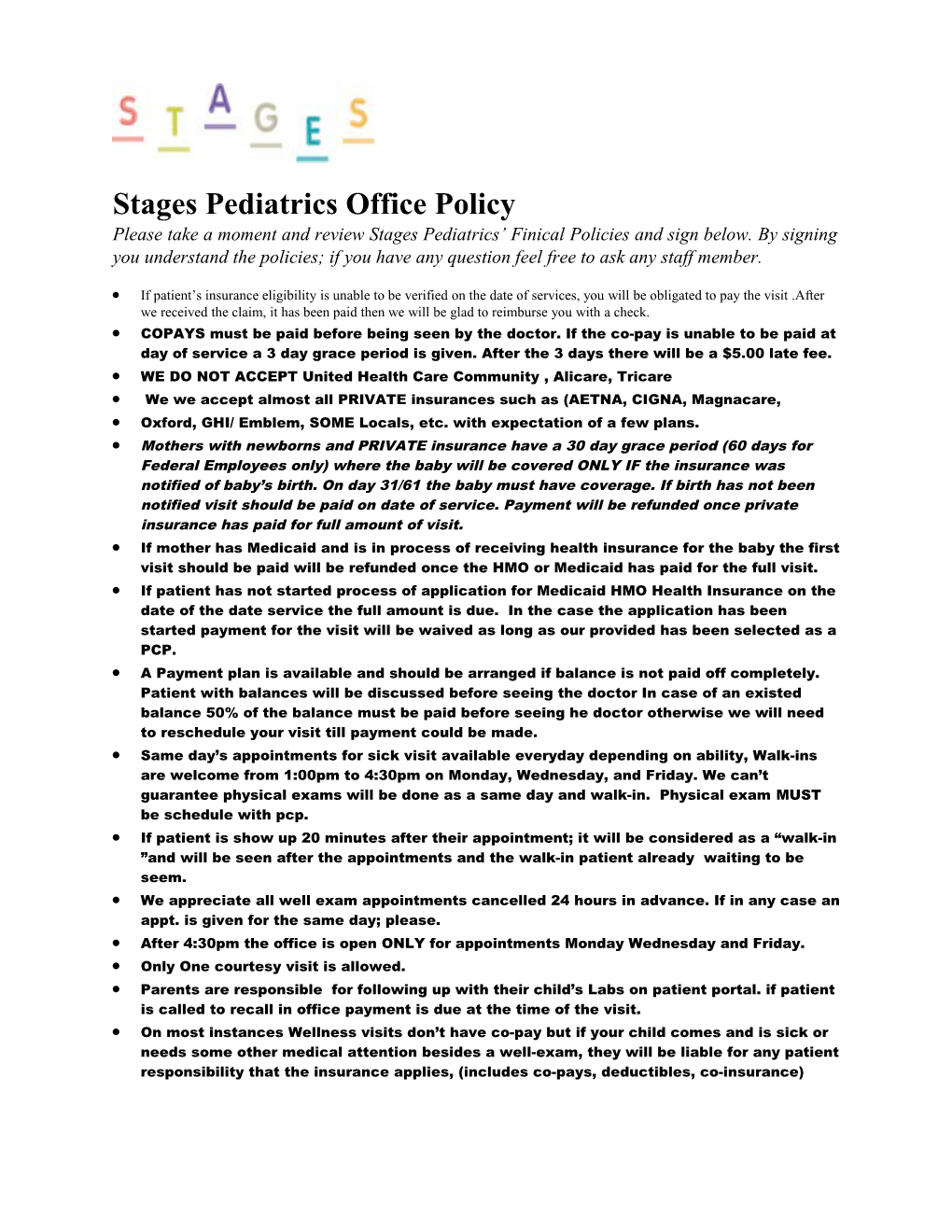 Stages Pediatrics Office Policy