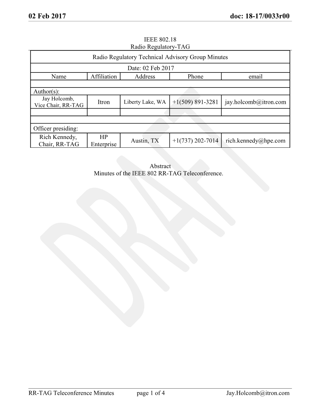 Minutes of the IEEE 802 RR-TAG Teleconference s1