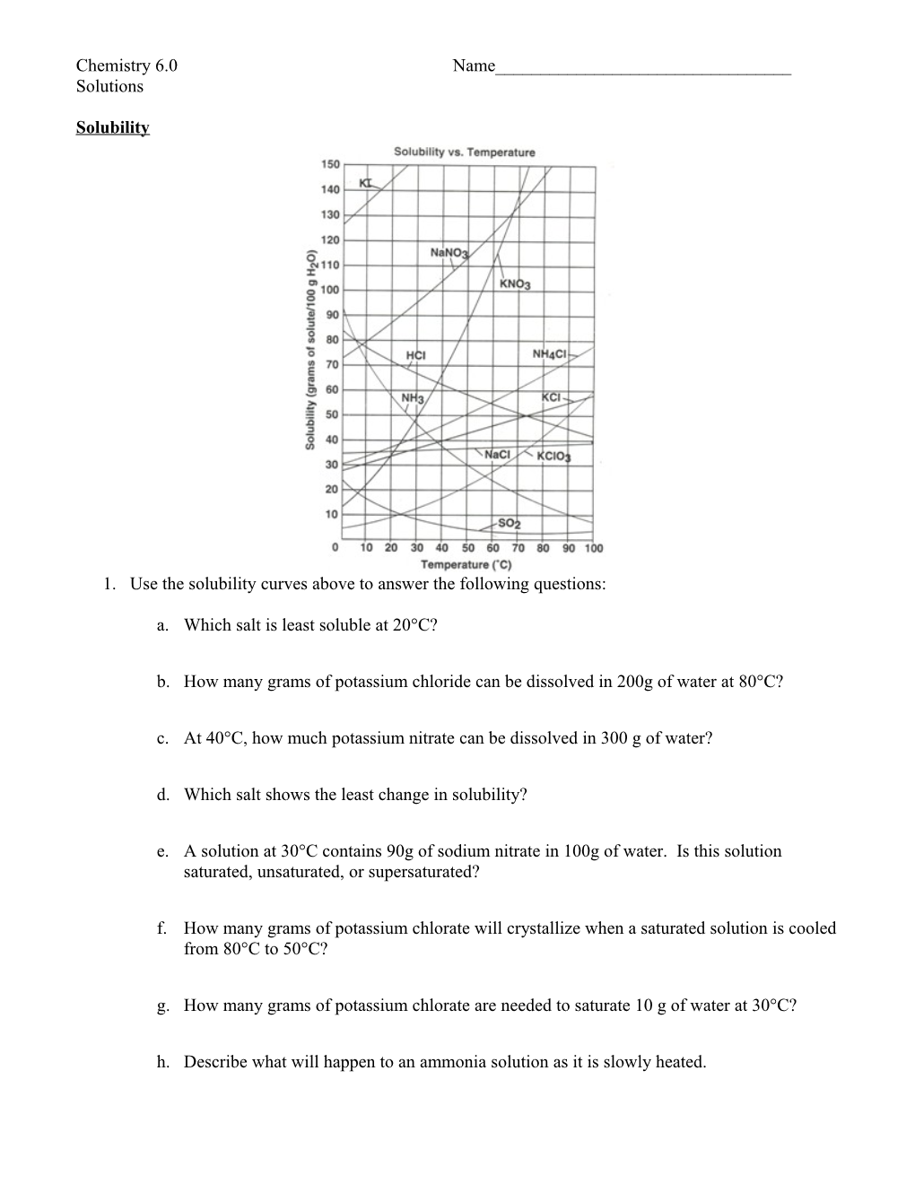 1. Use the Solubility Curves Above to Answer the Following Questions