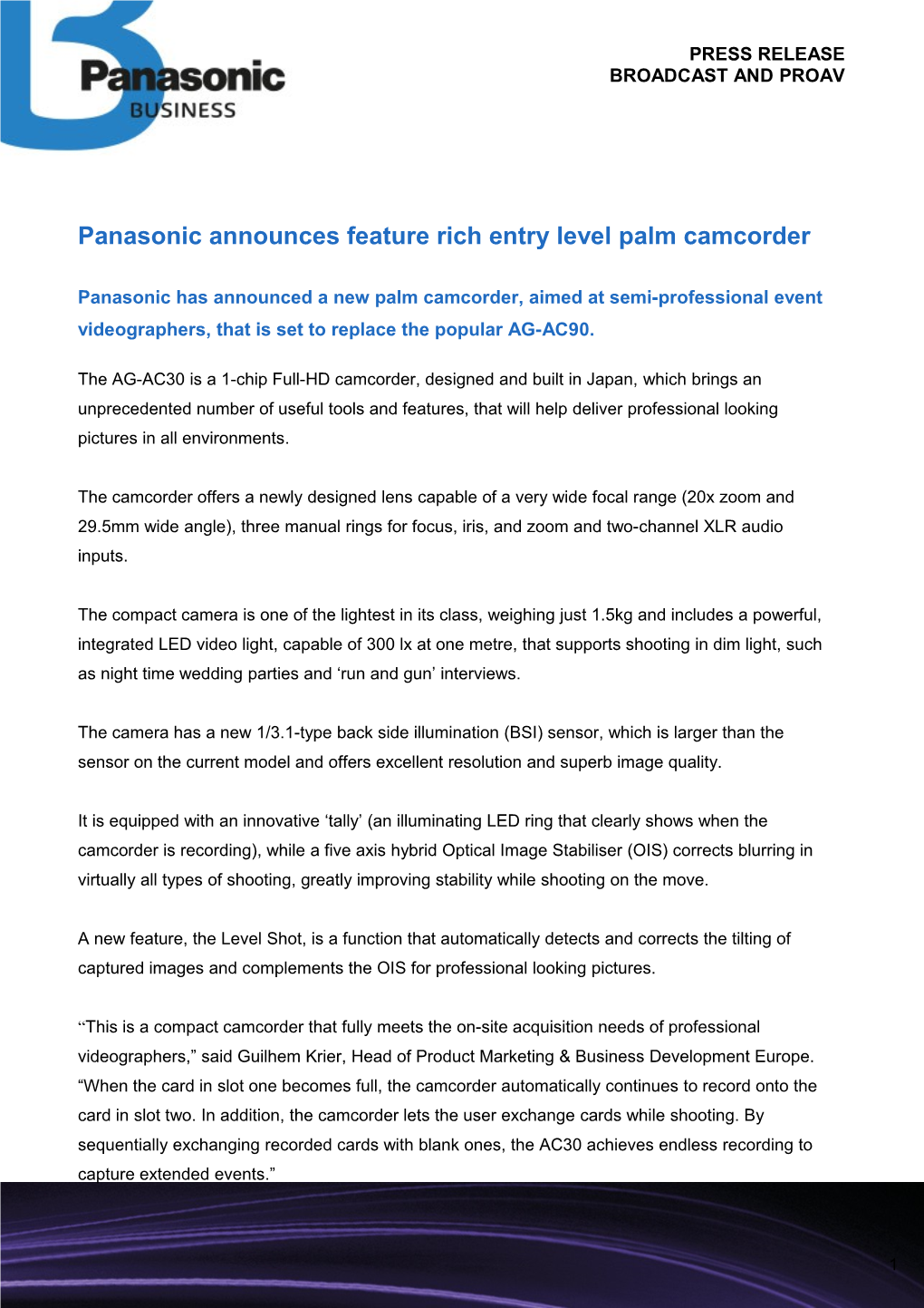 Panasonic Announces Feature Rich Entry Level Palm Camcorder