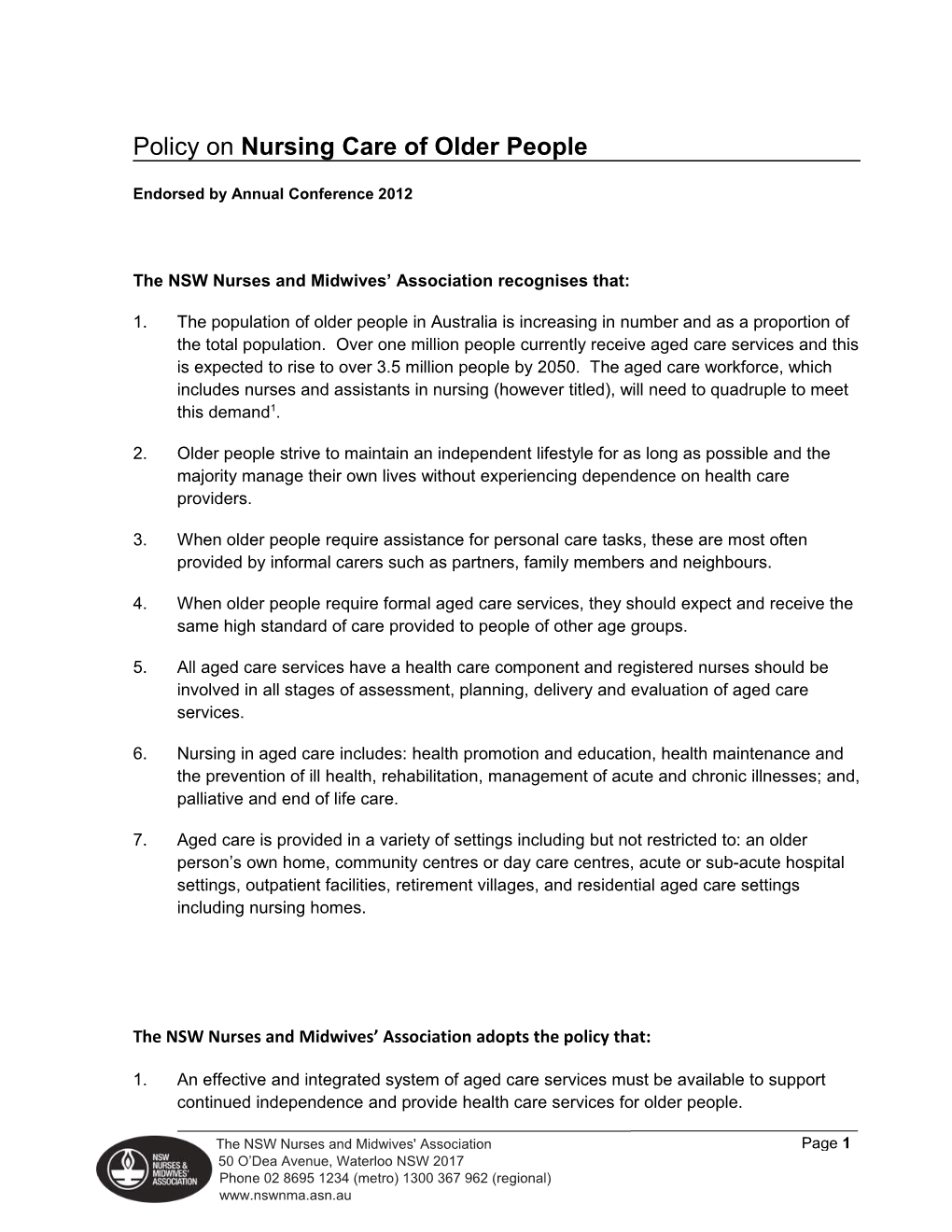 Policy on Nursing Care of Older People