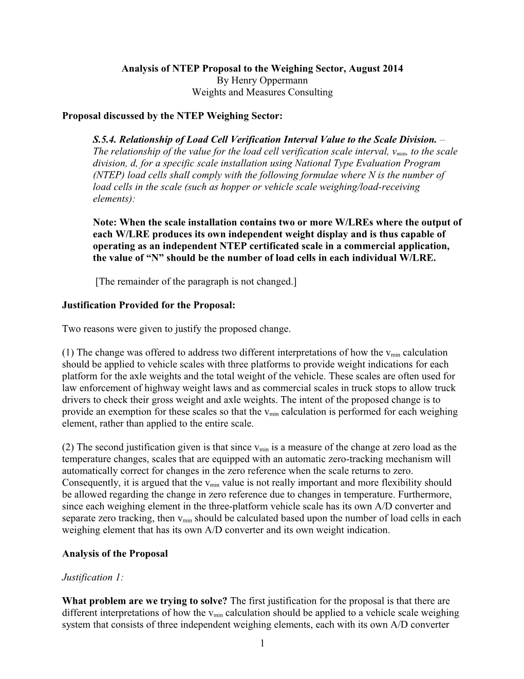 Analysis of NTEP Proposal to the Weighing Sector, August 2014