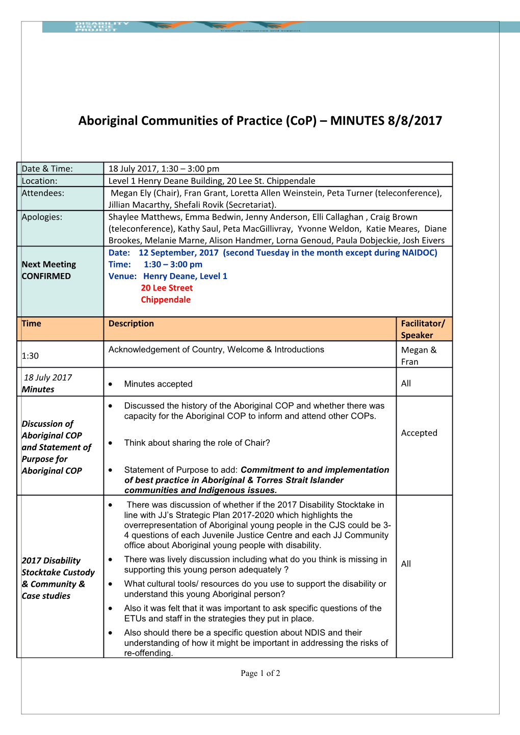 Aboriginal Communities of Practice (Cop) MINUTES8/8/2017