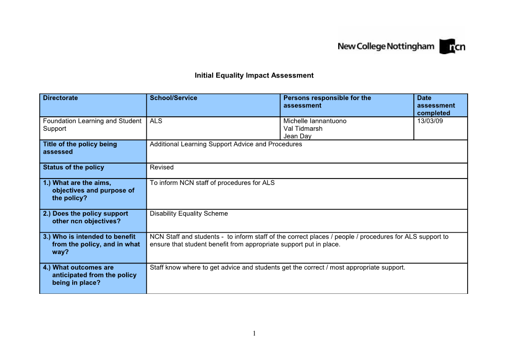 Initial Equality Impact Assessment