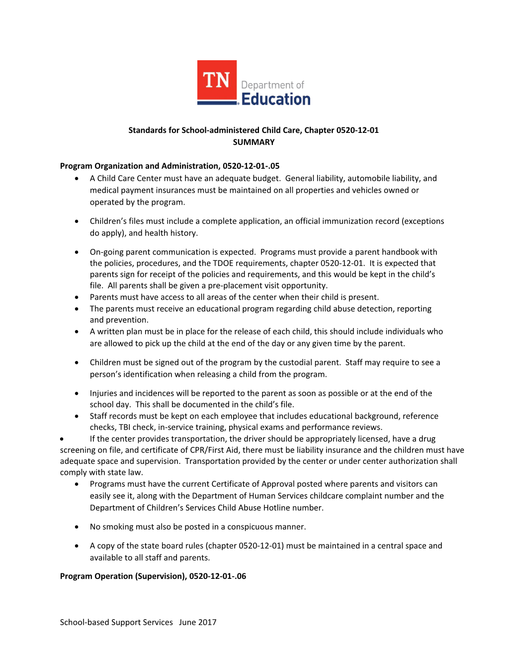 Standards for School-Administered Child Care, Chapter 0520-12-01