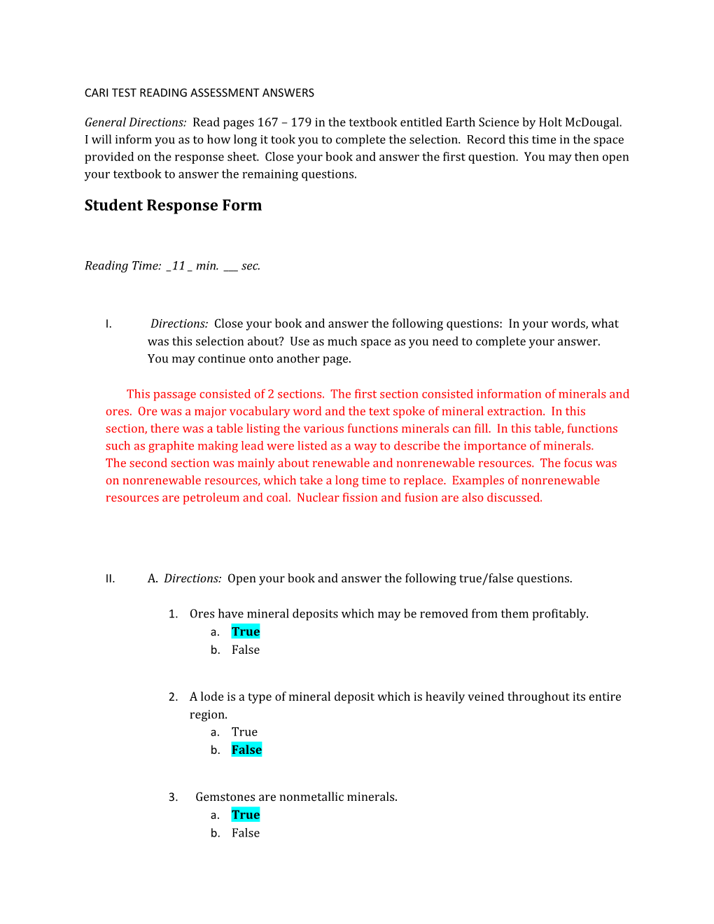 Cari Test Reading Assessment Answers