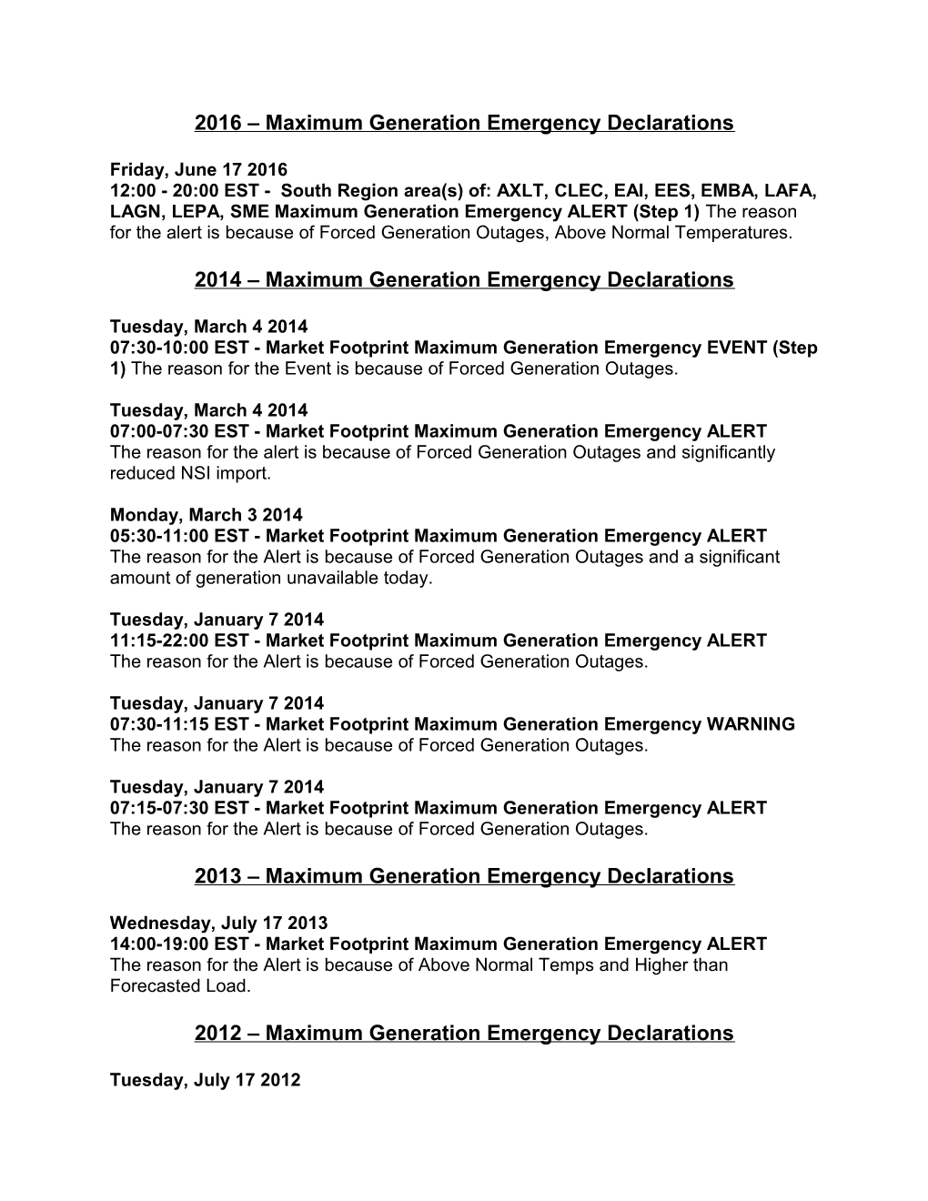 2016 Maximum Generation Emergency Declarations