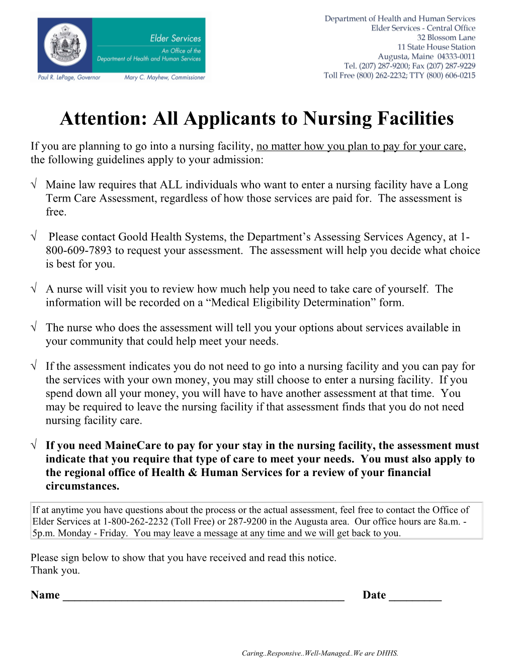 Attention: All Applicants to Nursing Facilities