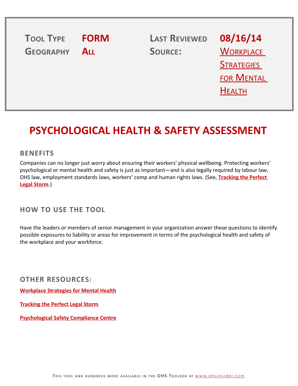 Psychological Health & Safety Assessment
