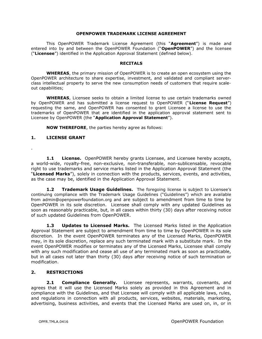 Openpower Trademark License Agreement