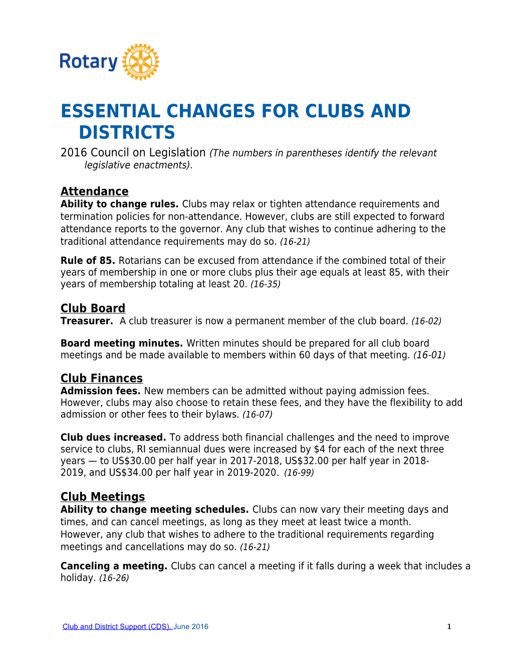 Essential Changes for Clubs and Districts
