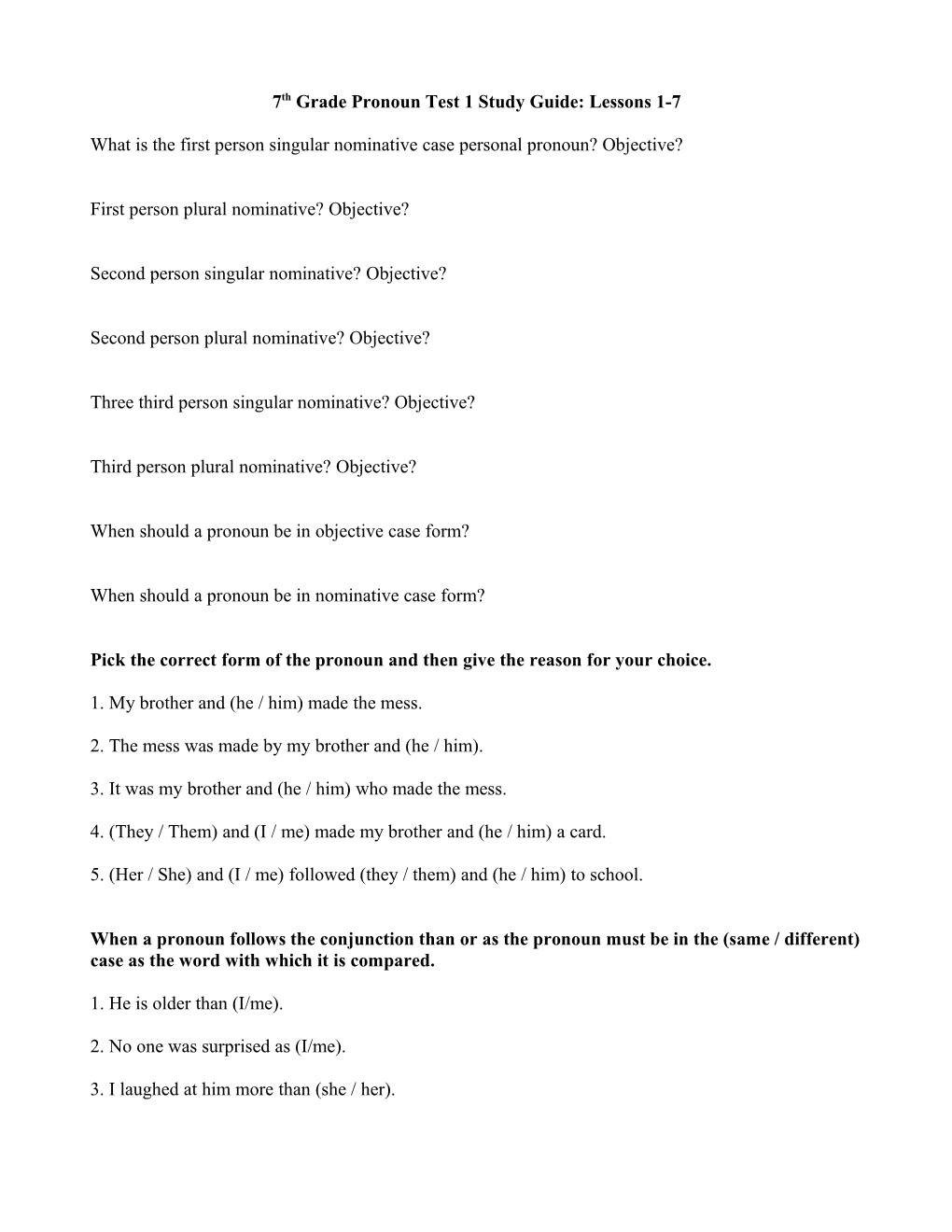 7Th Grade Pronoun Test 1 Study Guide: Lessons 1-7