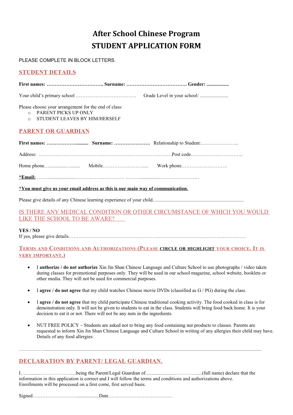 STUDENT APPLICATION FORM Term 1 Classes 2010