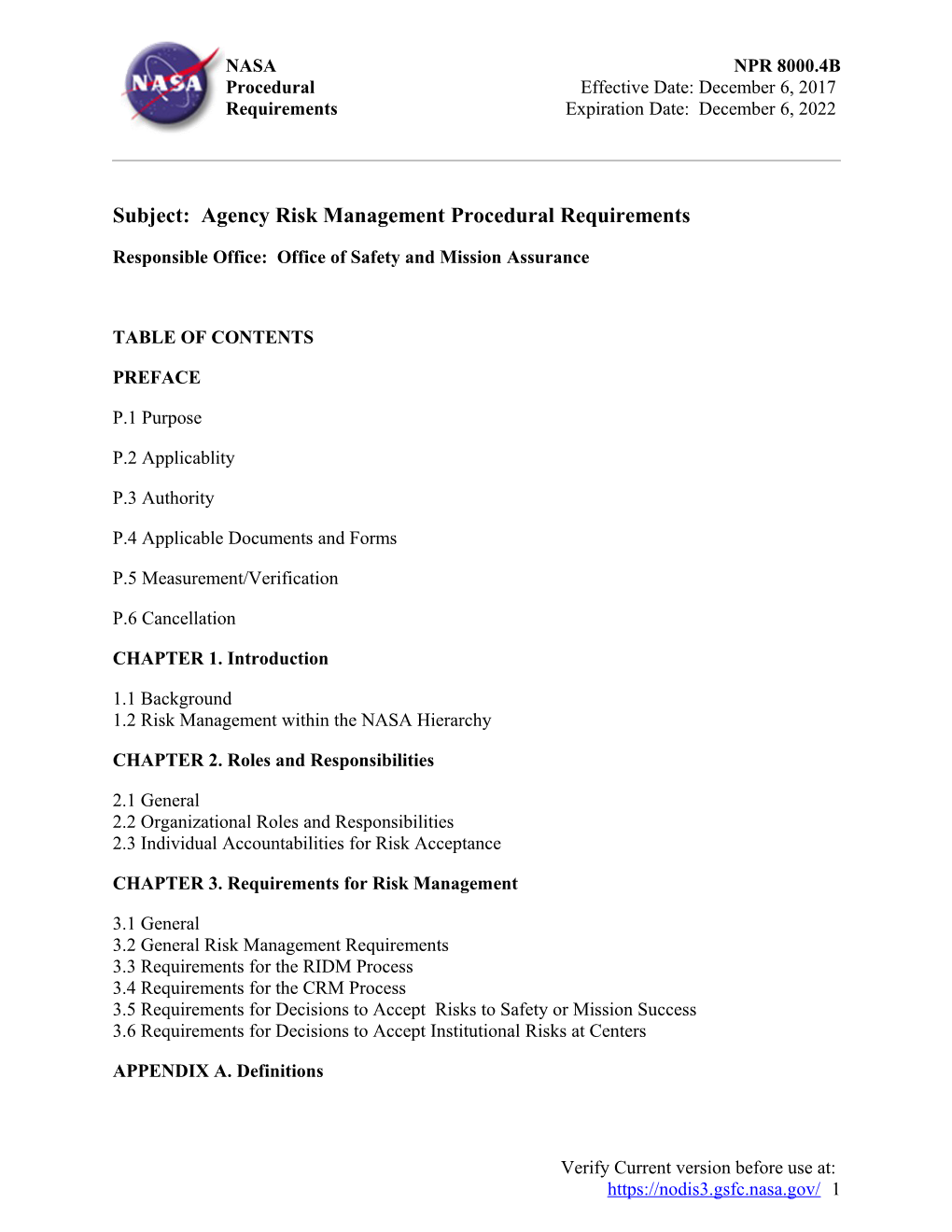 Subject: Agency Risk Management Procedural Requirements