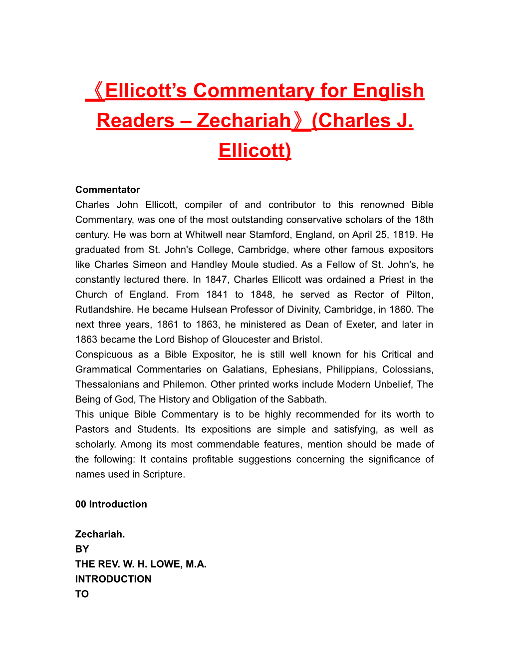 Ellicott Scommentary for English Readers Zechariah (Charles J. Ellicott)