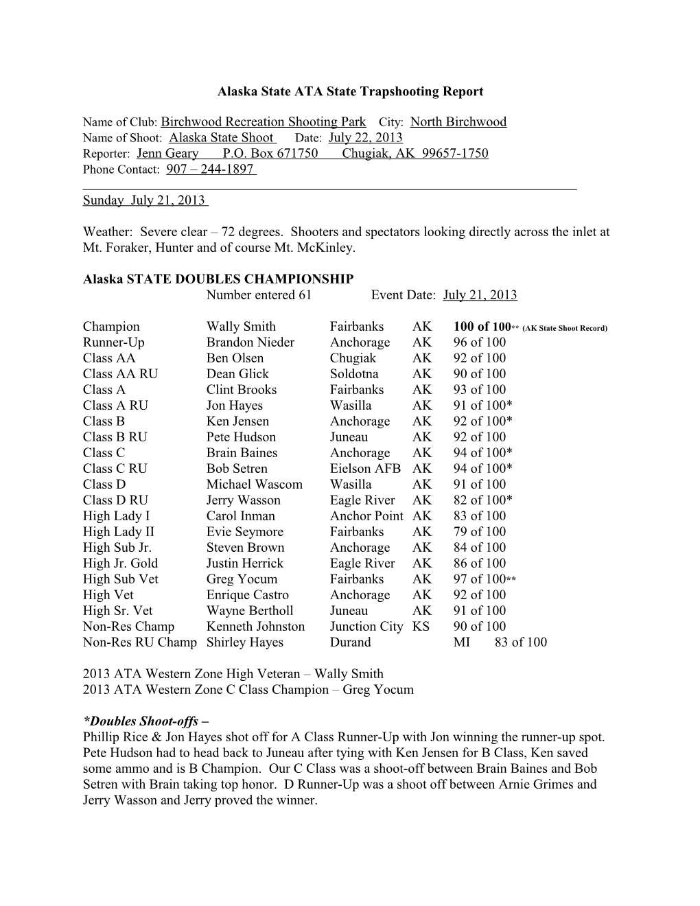 Alaska State ATA State Trapshooting Report