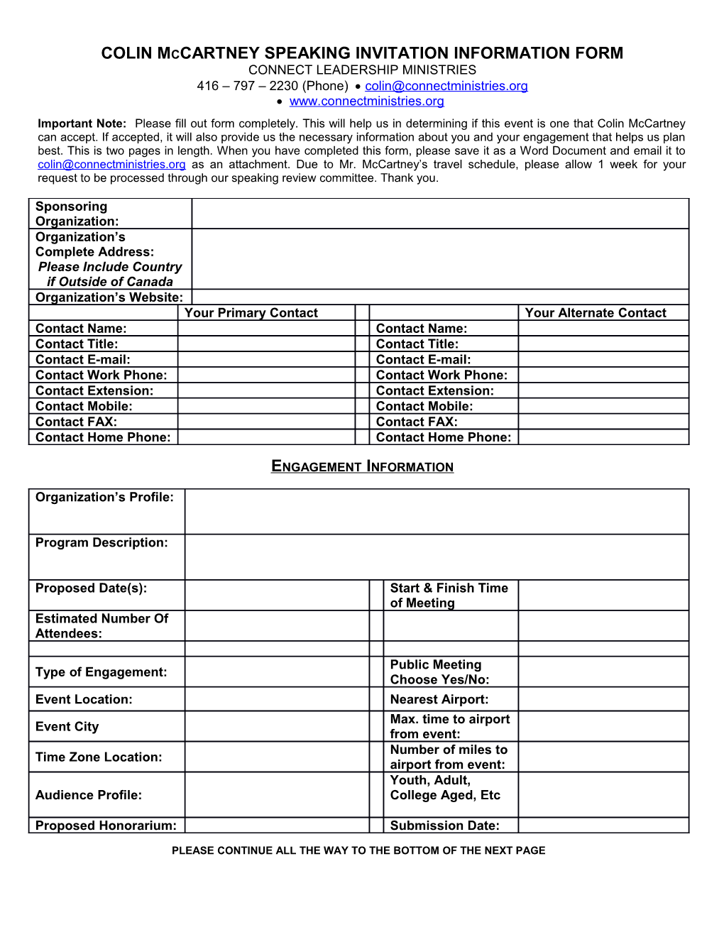 COLIN Mccartney SPEAKING INVITATION INFORMATION FORM