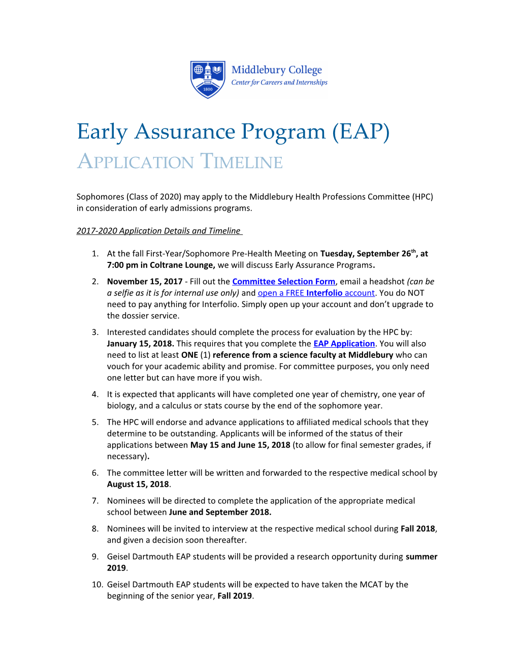 Early Assurance Program (EAP) Application Timeline