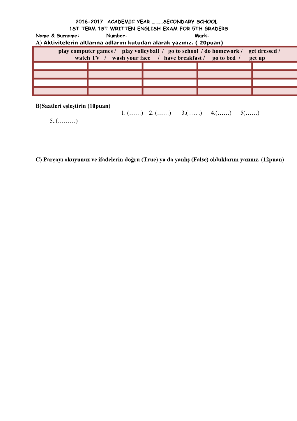 1St Term 1St Written English Exam for 5Th Graders