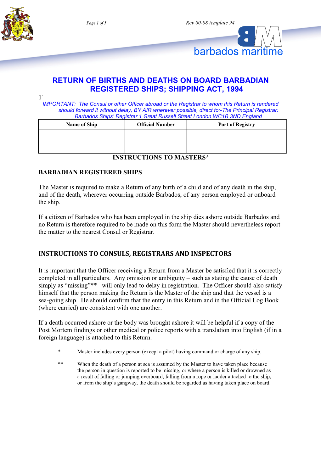 Return of Births and Deaths on Board Barbadian Registered Ships; Shipping Act, 1994