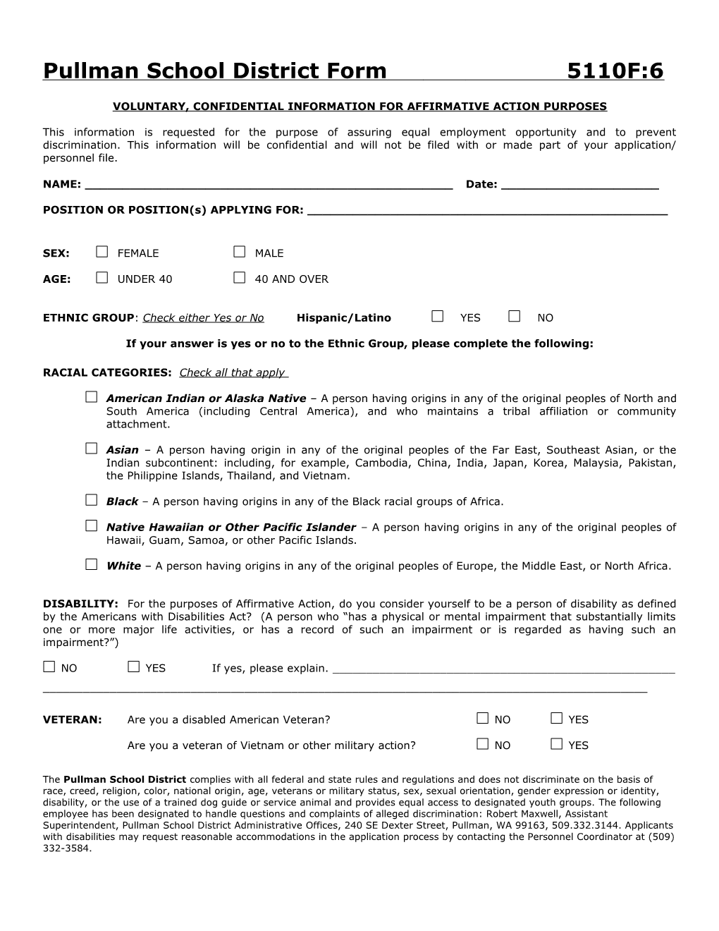 Pullman School District Form