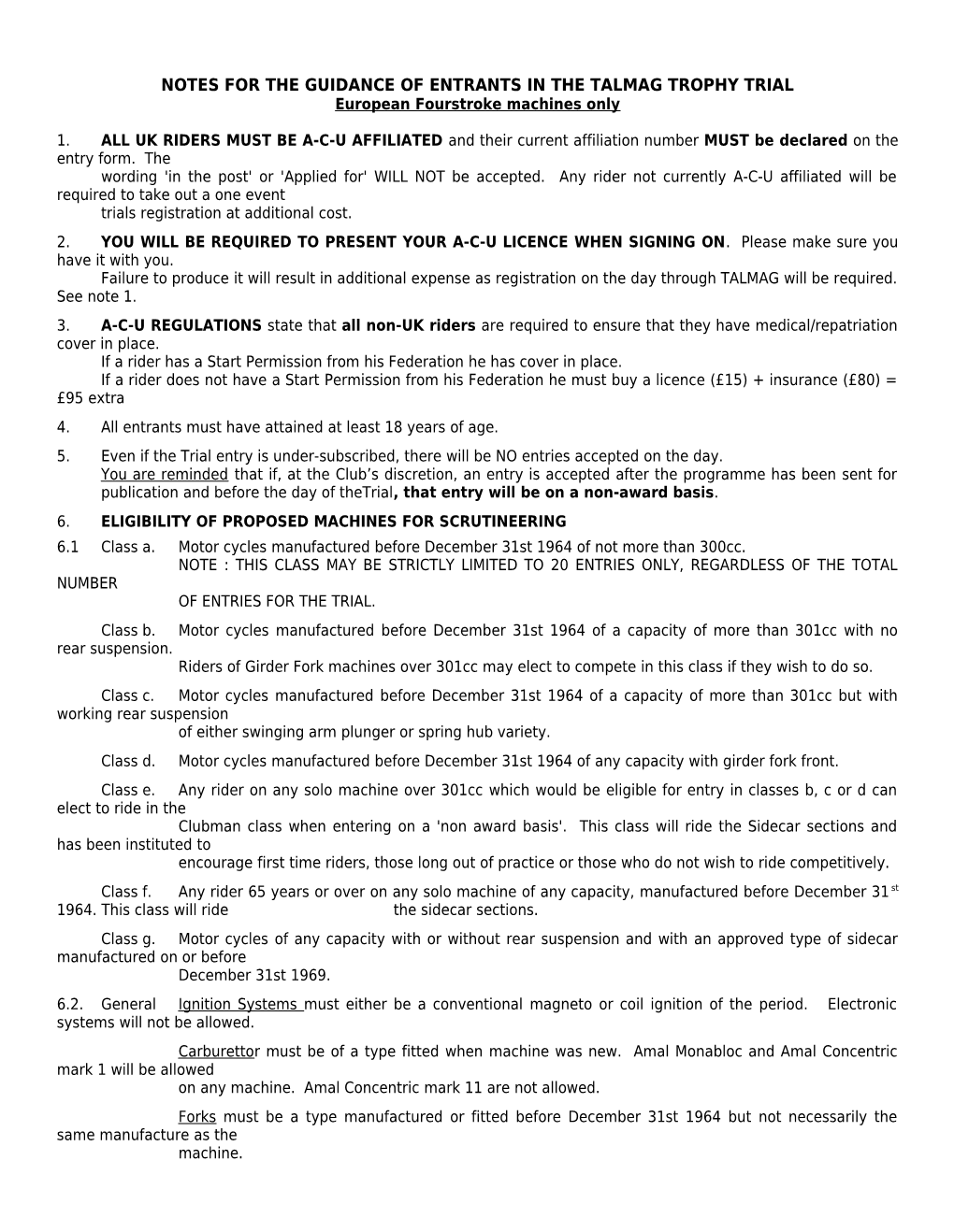 Notes for the Guidance of Entrants in the Talmag Trophy Trial