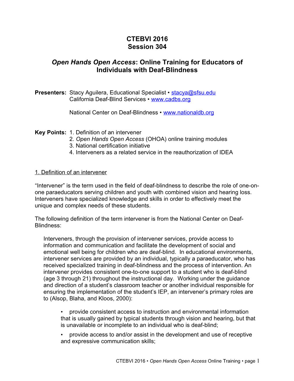Open Hands Open Access: Online Training for Educators of Individuals with Deaf-Blindness