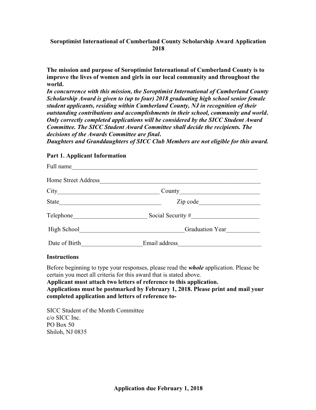 Soroptimist International of Cumberland County Scholarship Award Application 2018