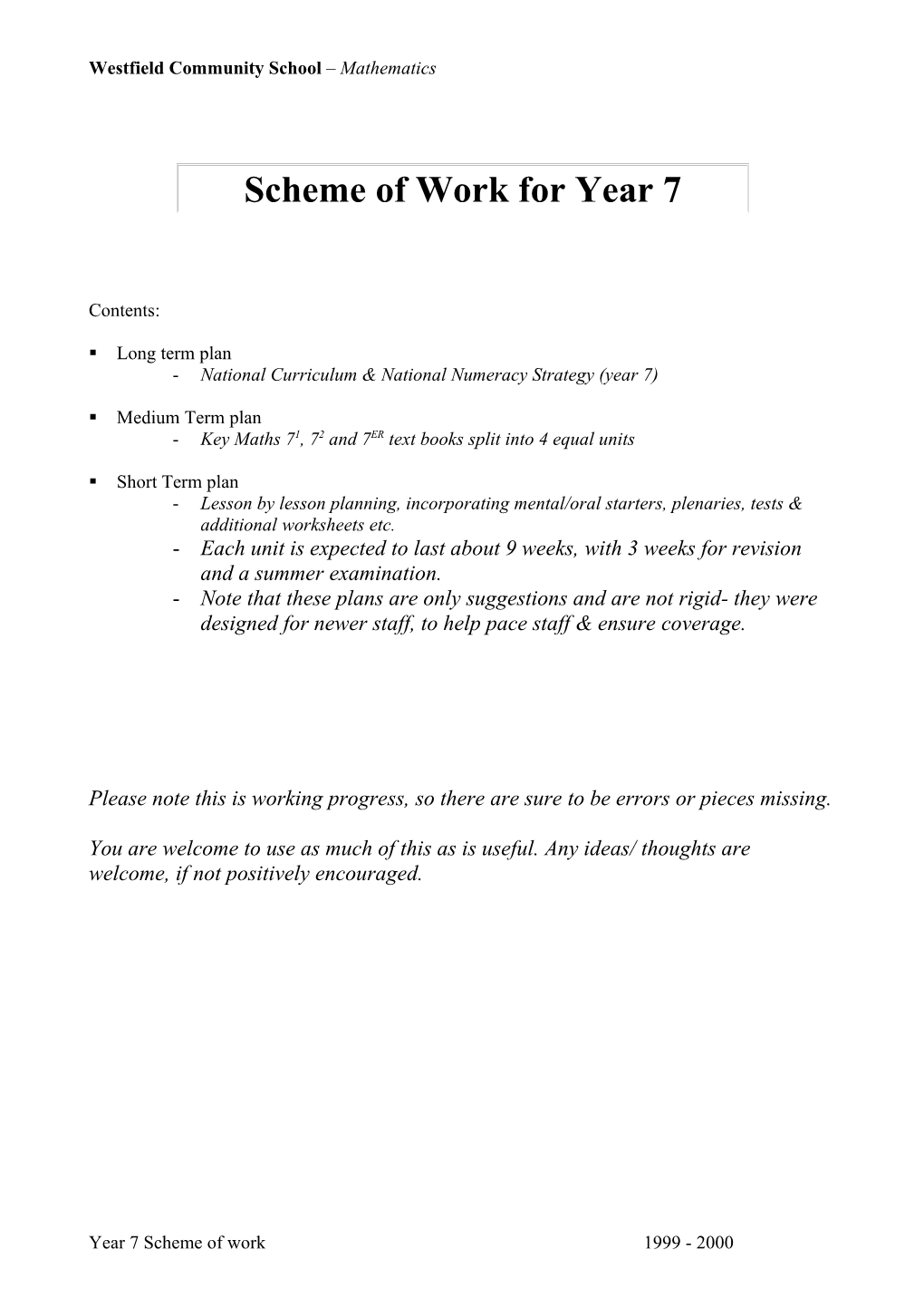 Westfield Community School Mathematics