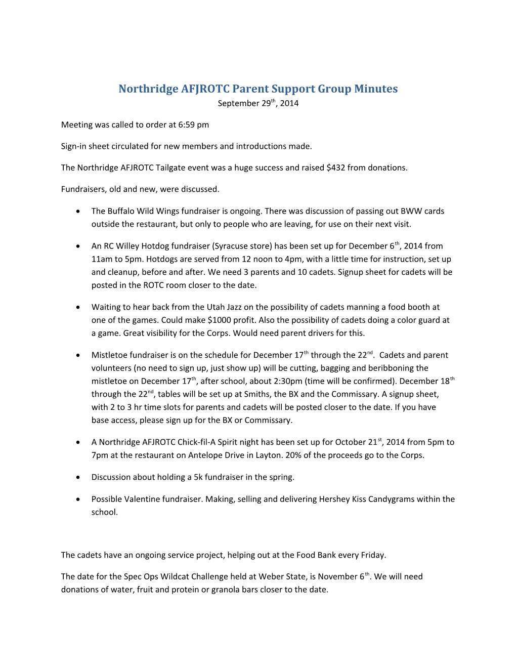 Northridge AFJROTC Parent Support Group Minutes