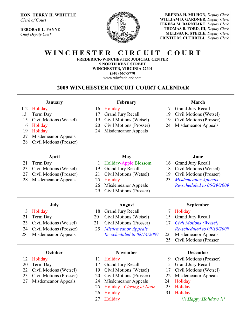 2009 Winchester Circuit Court Calendar