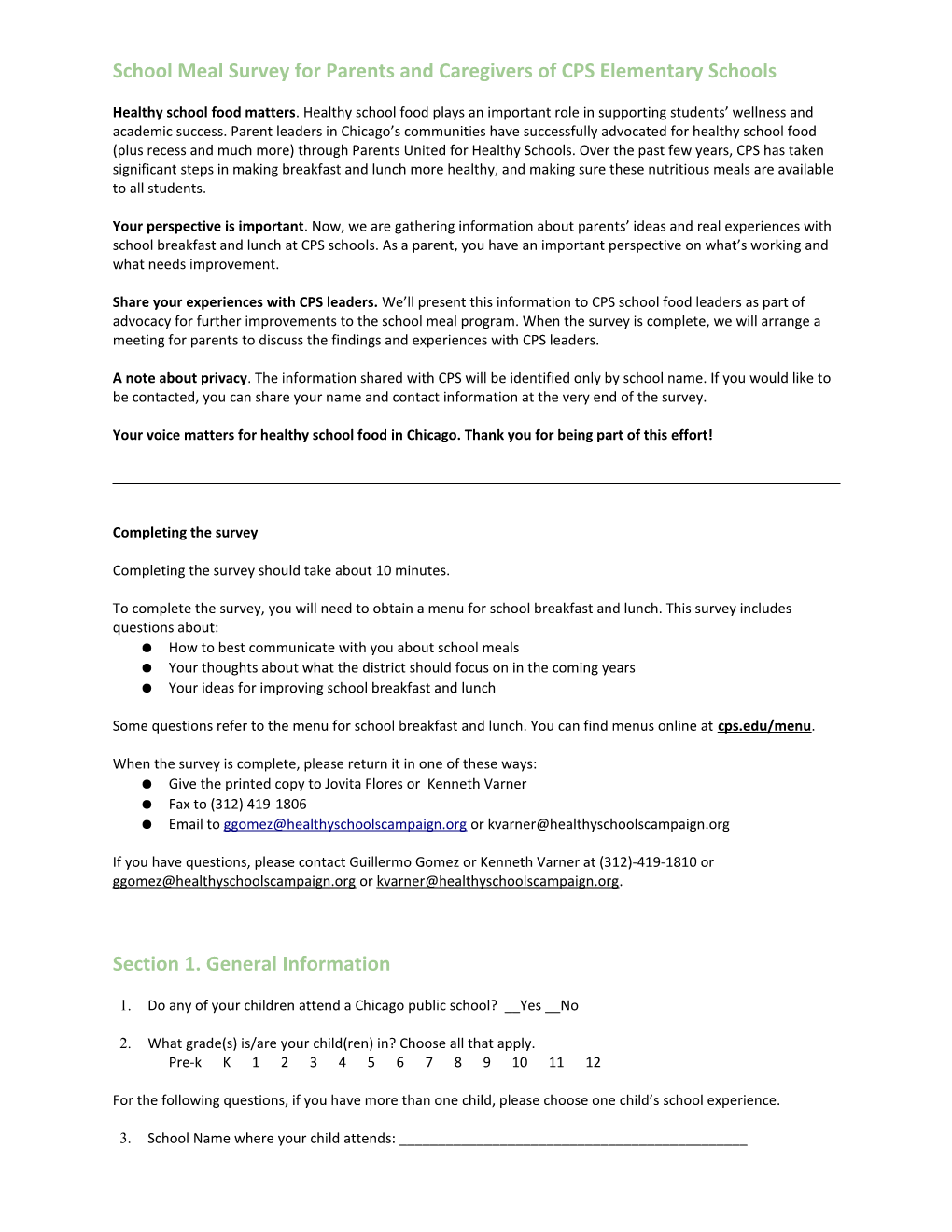 School Meal Survey for Parents and Caregivers of CPS Elementary Schools